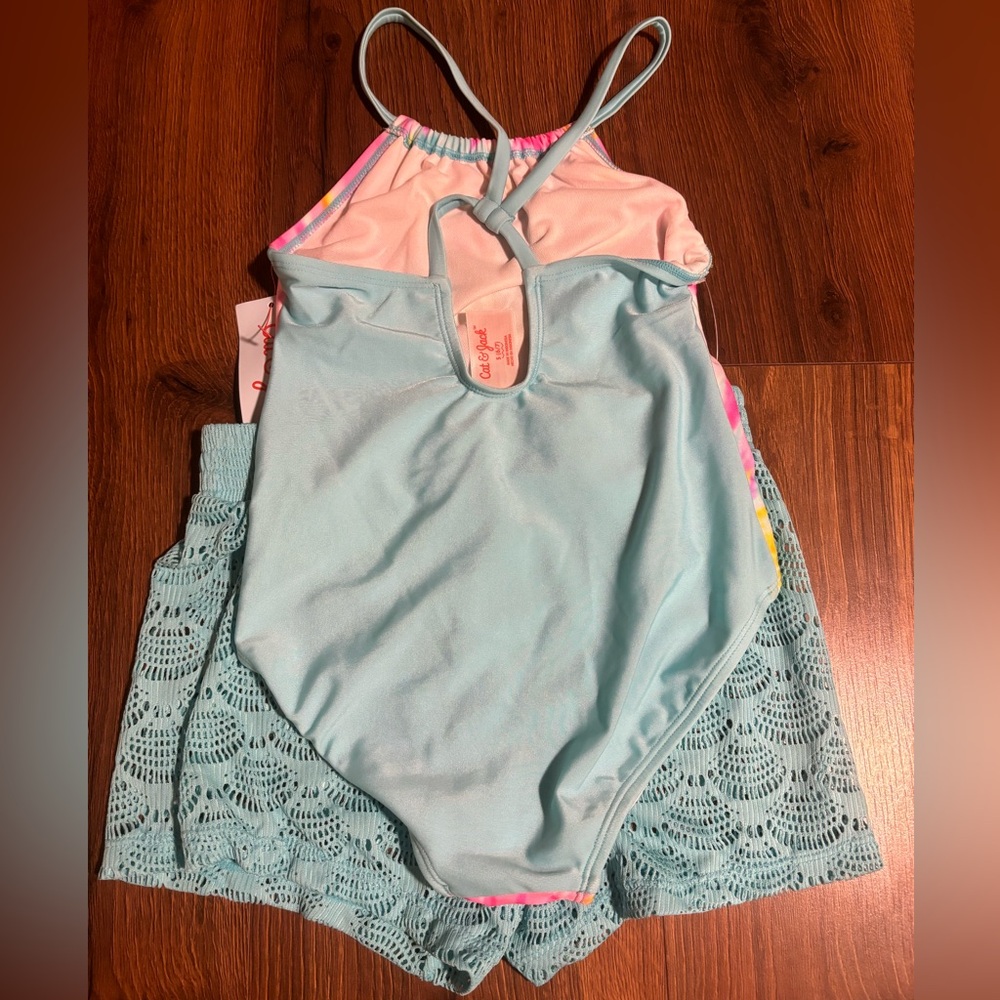Cat & Jack Girls’ 2 Piece Swimsuit & Shorts Coverup Set - Multicolored S - Picture 6 of 6